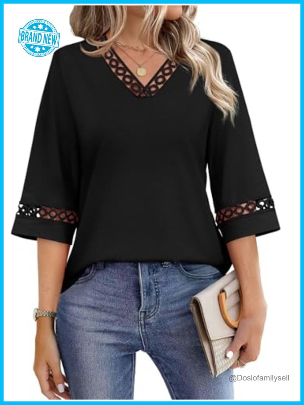 Womens Eyelet Lace V Neck 3/4 Bell Sleeve Blouse Dressy Casual Work Top